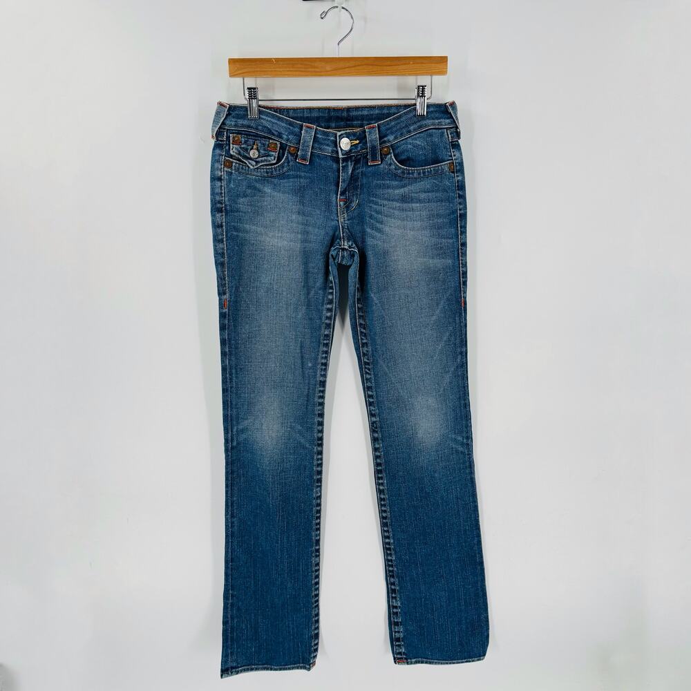 True Religion Women’s Jeans Size 28 Blue Straight Leg Low Rise Distressed Denim